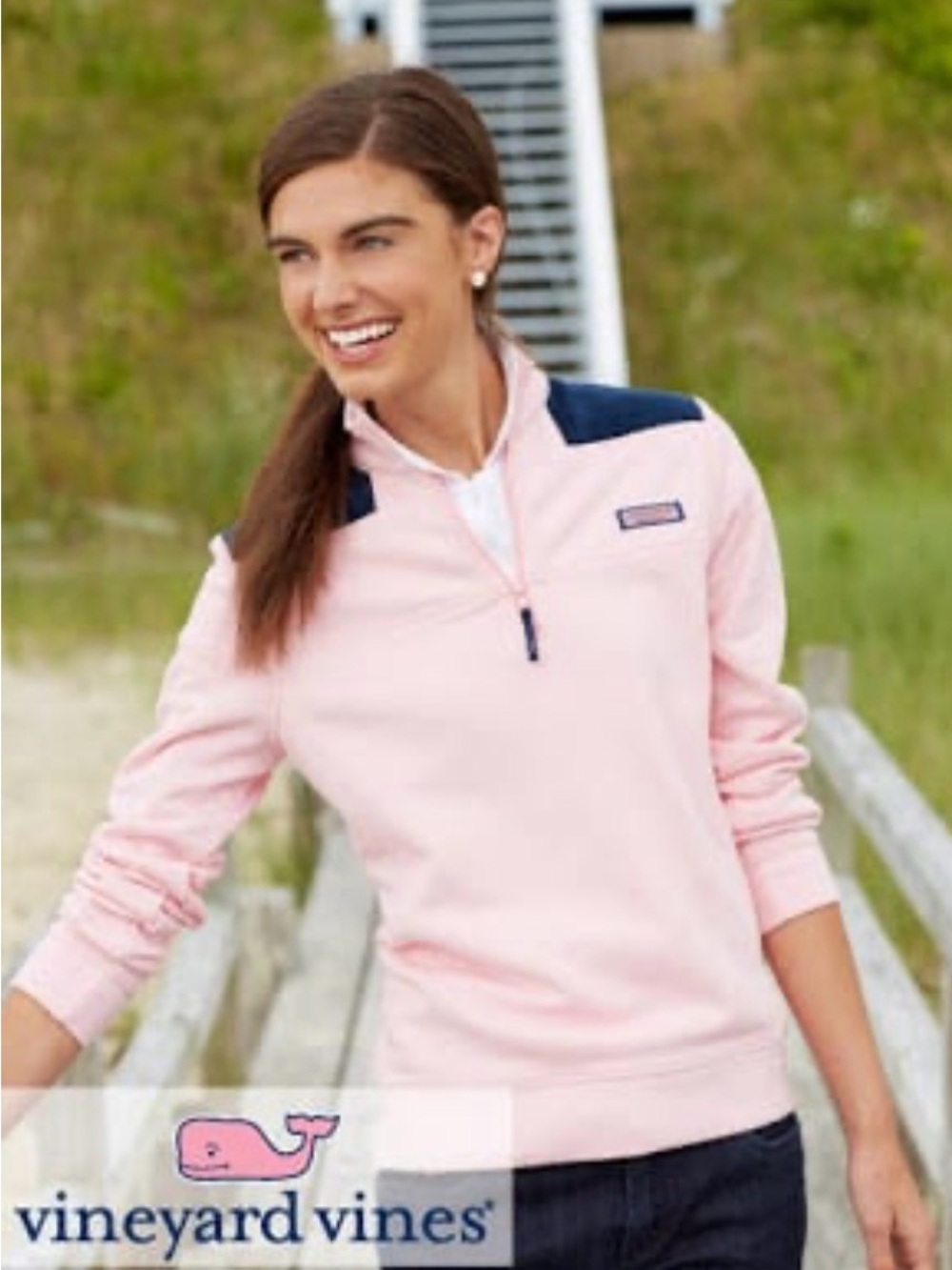 Vineyard Vines Light Pink Quarter-Zip with Navy Shoulder Panels